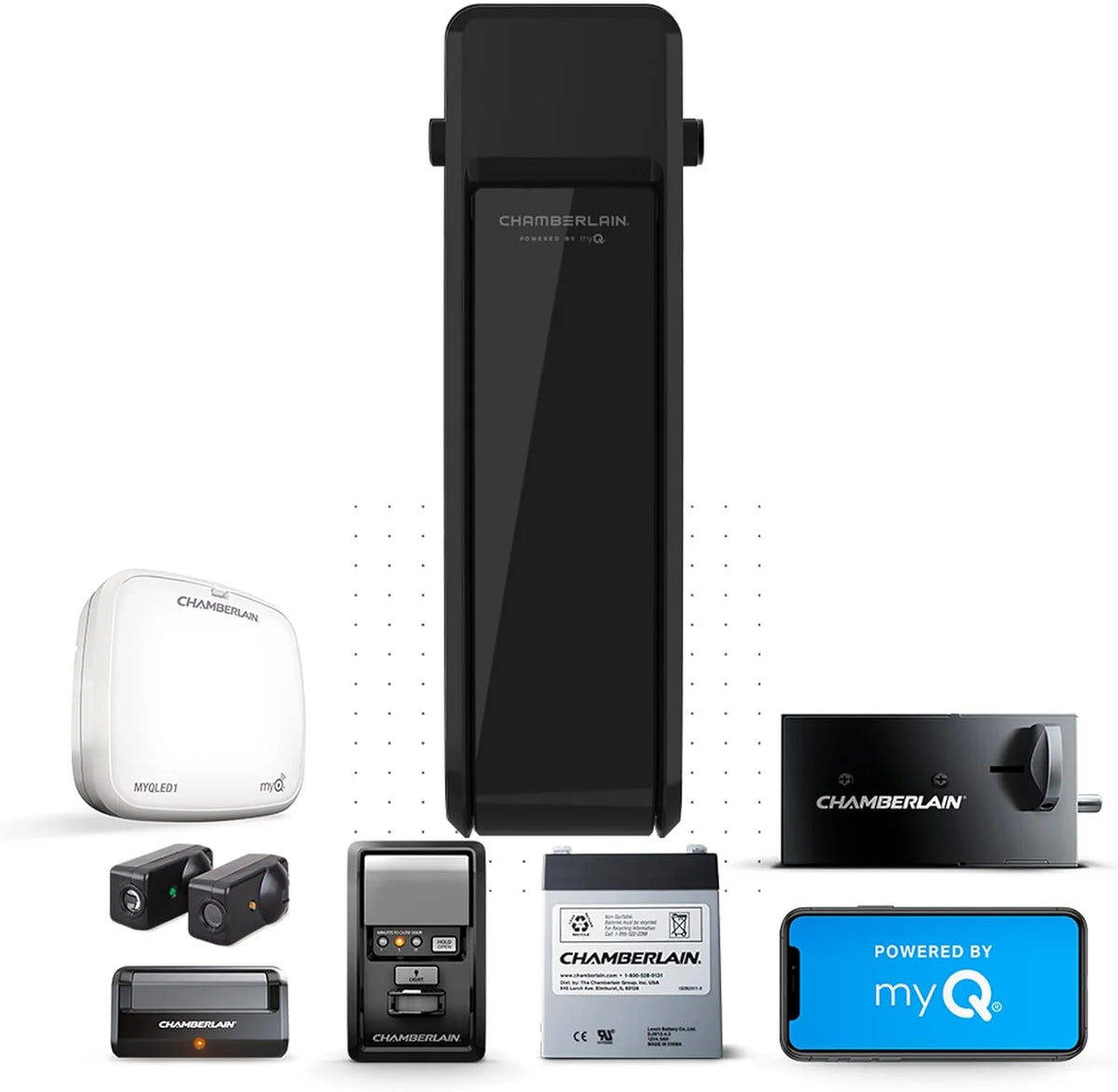 Silent and quiet wall-mounted garage door opener with battery backup and LED lighting. weighing 36 pounds. in black color.