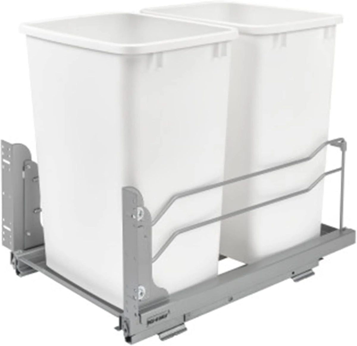 A double pull-out trash can suitable for the bottom of kitchen cabinets. with a capacity of 35 ounces (approximately 0.875 gallons). equipped with a gentle closing sliding mechanism. and in the color of Orison Gray.