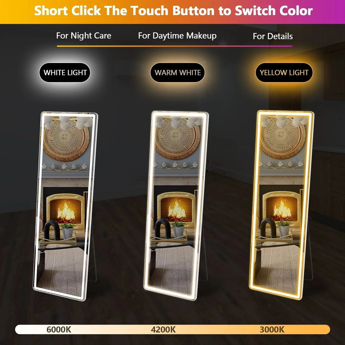 64 x 21 Inch Full Length LED Floor Mirror with Stand. Wall Mounted Full Body Mirror