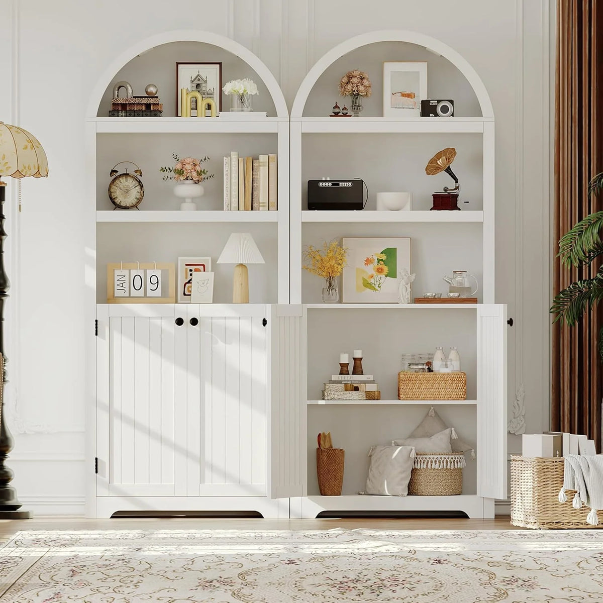 72'' Tall Farmhouse Bookcase. 5 Tier Arched Bookshelf with Double Doors & Adjustable Shelf. Display Storage Shelves. for Bedroom. Living Room. Home Office