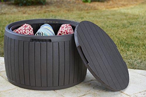 37 Gallon Round Deck Box. Patio Table for Outdoor Cushion Storage. Brown