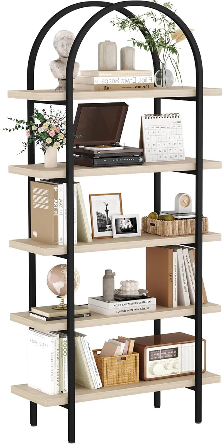 Yusong Bookshelf Rattan Arched Bookcase. 74 Tall Industrial Open Book Shelves for Living Room. Modern Freestanding Boho 5 Tier Display Storage Rack with Metal Frame. Office. Bedroom. Burlywood
