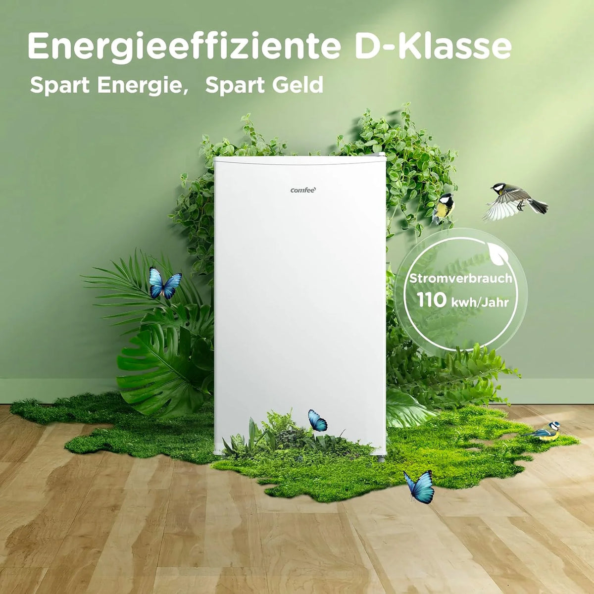 Comfee RCD80WH3(E) Kühlschrank mit Gefrierfach. 80L Kleiner Kühlschrank. Obst- und Gemüsefach. 84.5 cm Höhe. 47.5 cm Breite. 110 kWh pro Jahr.