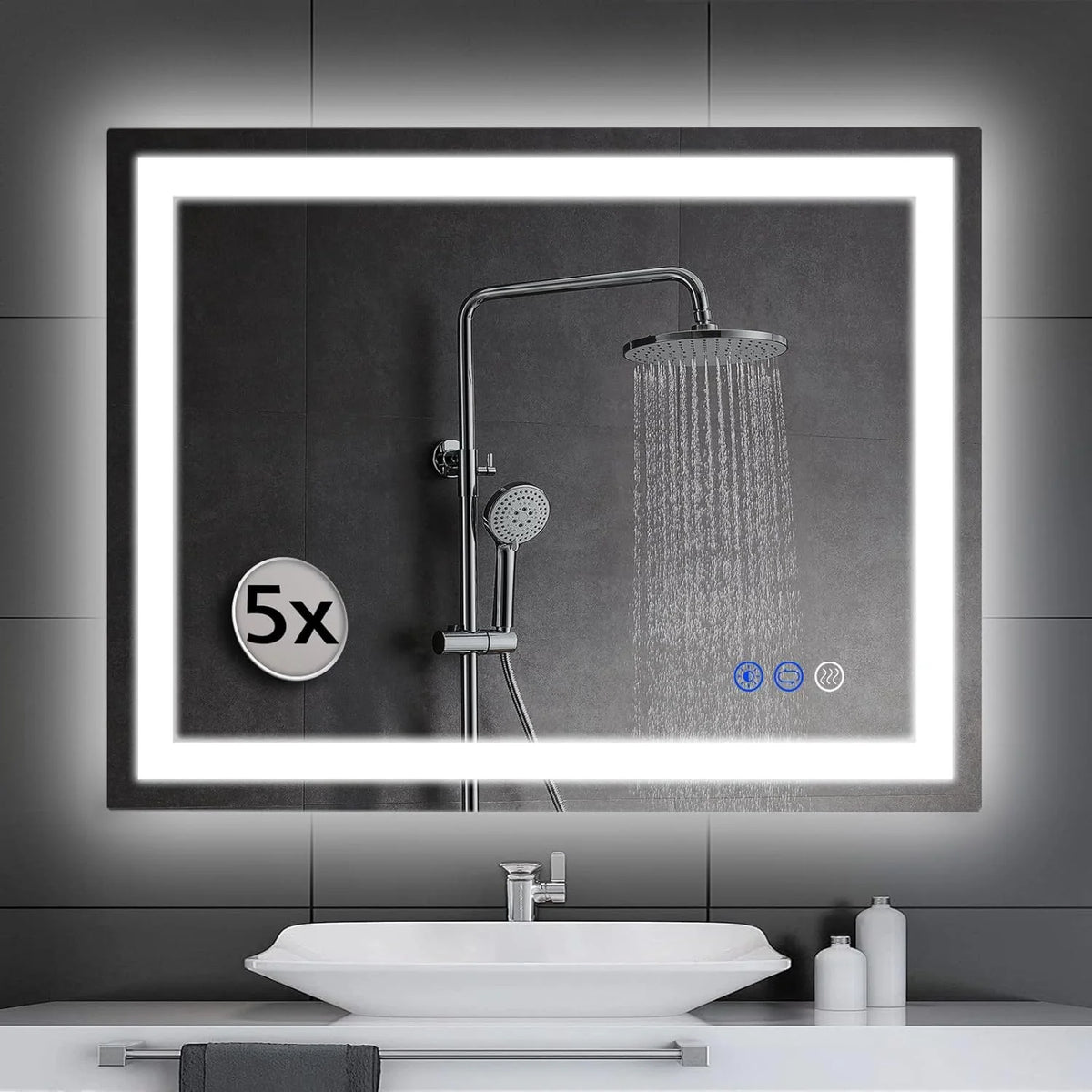 LED wall-mounted makeup mirror with lights - suitable for wall-mounted large makeup tables. Features intelligent touch buttons. anti-fog. water resistance. adjustable dimming. color adjustment. and magnifying glass function.