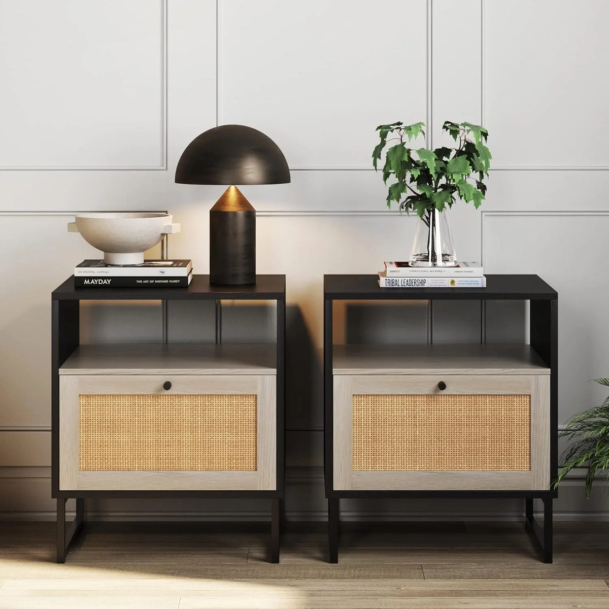 Storage-function side table and bedside cabinet set (2-piece). black oak / black