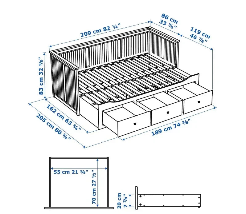 HEMNES Cama día con 3 cajones Gris. 80x200 cm