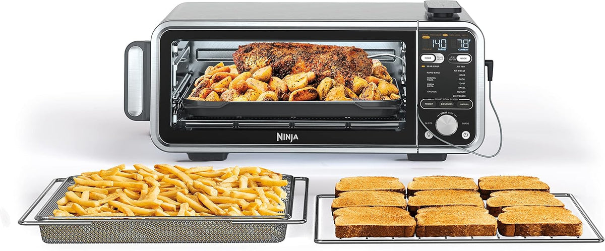 Toaster oven. air fryer. thermometer. toaster-air fryer combo. stainless steel material. quick cooking. french fries. frozen food. air frying. dehydrating. heating. 13 functions. less oil usage. flip-type oven