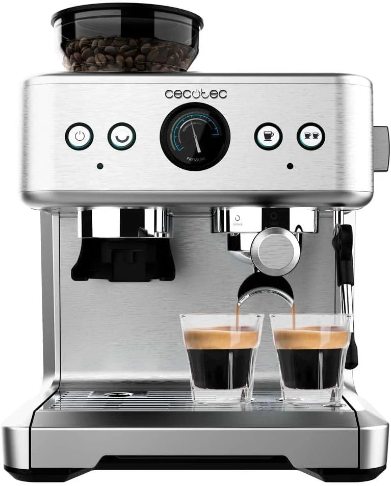 Cecotec Cafetera Express Barista Power Espresso 20 Barista. 2250W. 20 Bares. Manometro y 2 Thermoblocks. Depósito de Café en Grano. Molinillo con 20