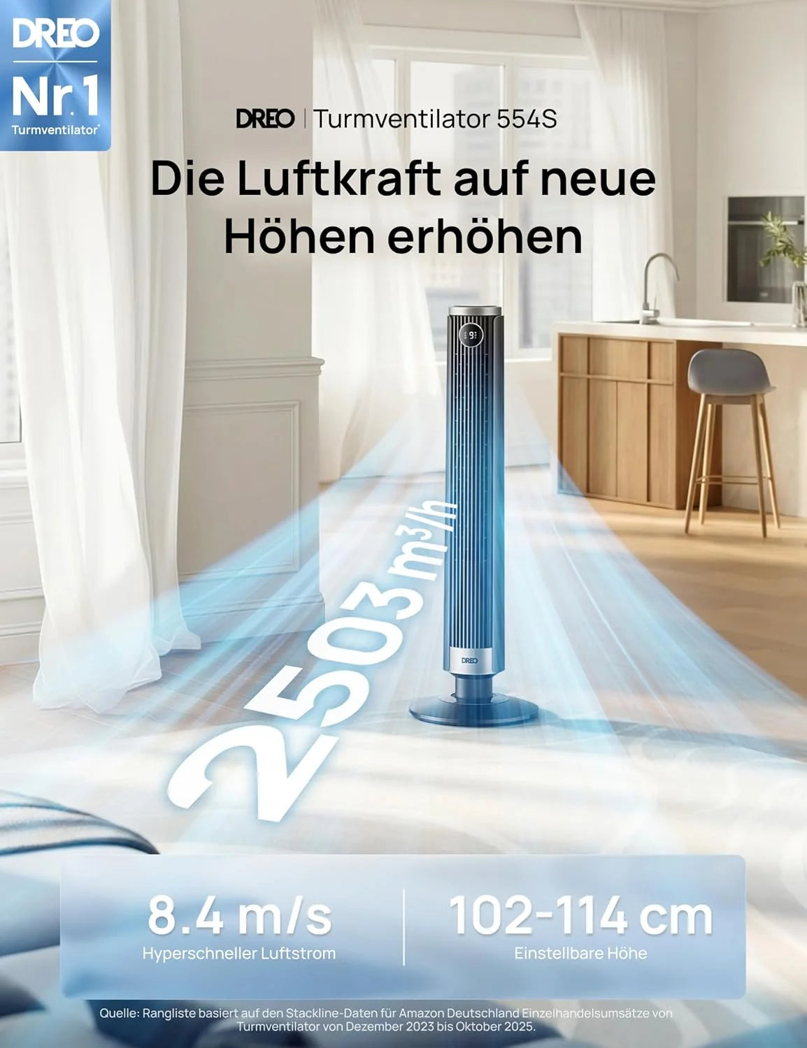 DREO Smart 102–114cm Turmventilator fürs Schlafzimmer. Höhenverstellbar. 8.4m/s. DC-Motor. 9 Stufen. 4 Modi. 90°-Oszillation. Standventilator. 20dB