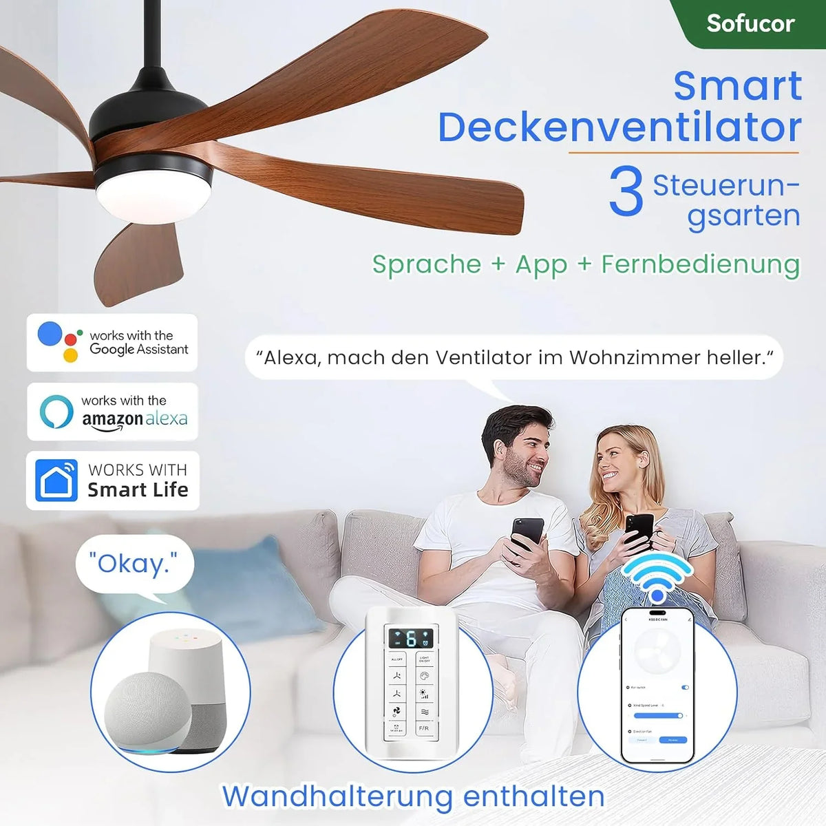 Sofucor Smart Deckenventilator mit Beleuchtung.132cm Deckenventilator mit Licht. Kompatibel mit Alexa/APP. Fernbedienung. 3 Farbtemperatur. Timer. 6