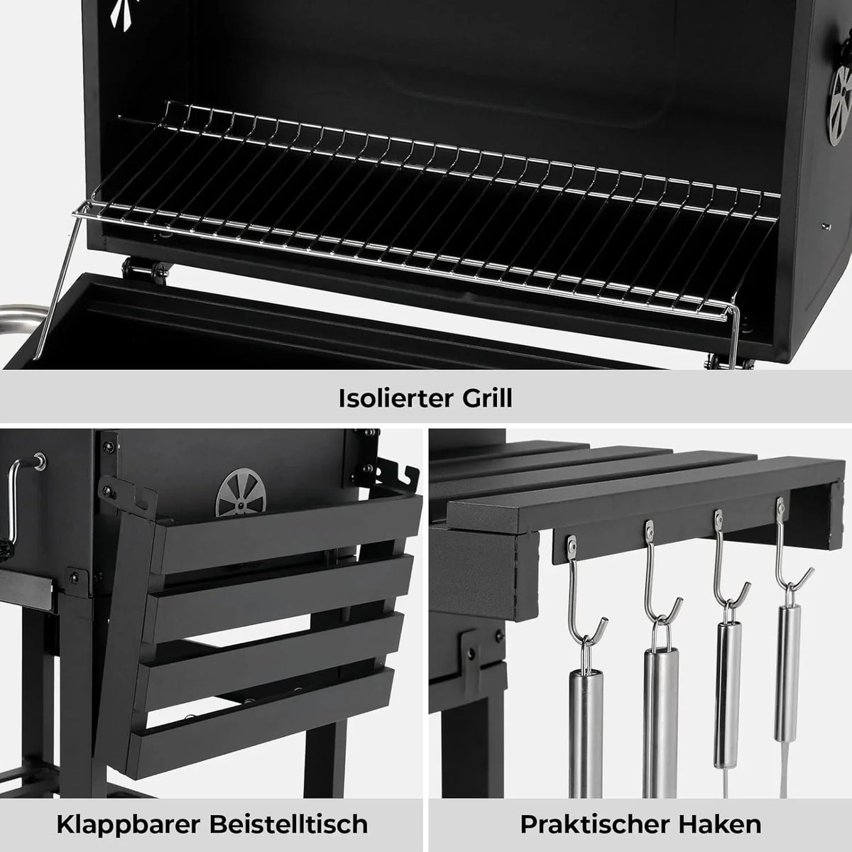 Barbacoa de Carbon XXL. Parrilla de Carbón con Chimenea y Tapa. Parrilla con Carrito BBQ Smoker con Ruedas y Termómetro. Grande BBQ Carbon para