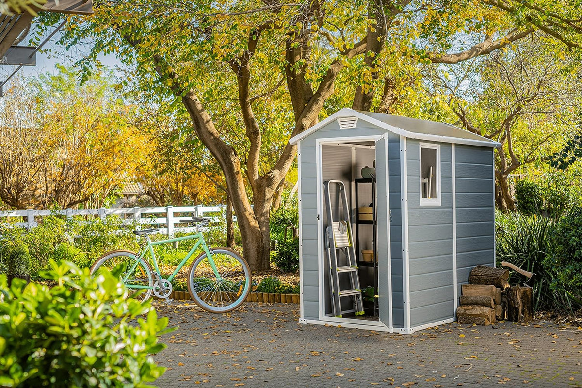 Keter Manor 4X6 - Caseta de jardín. 130x192x198cm y 2.2m2. Suelo. Sistema de ventilación. Puerta y Ventana. Resistente al Agua. Color Gris