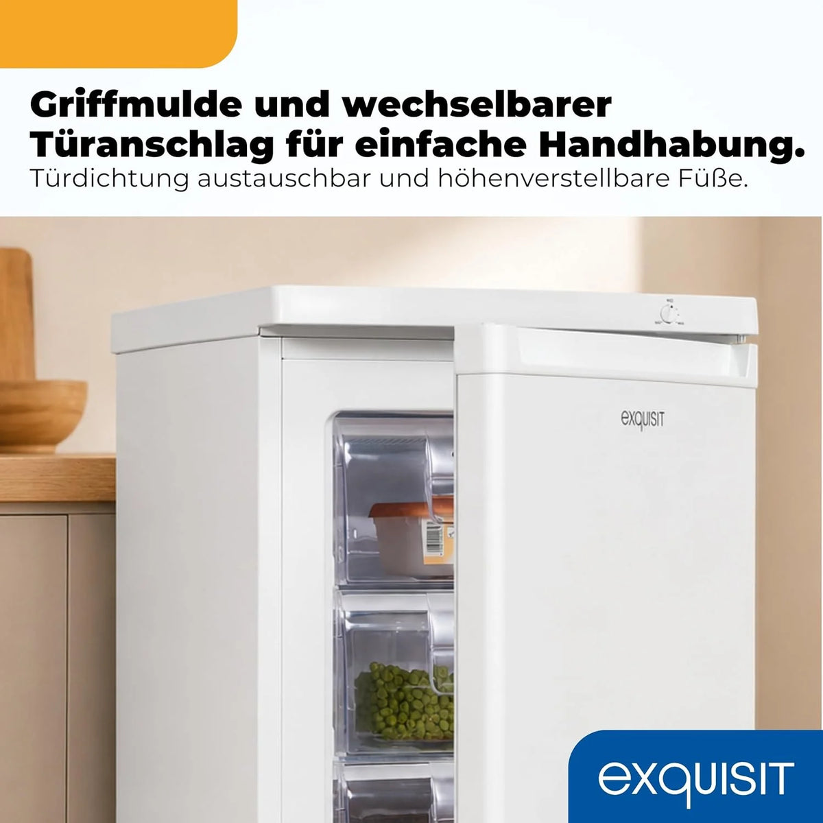 Exquisit Gefrierschrank | 91 l Nutzinhalt. Energieeffizienzklasse E. 40 dB(A) | kompakte Bauform. 4-Sterne-Gefrieren. manuelle Temperaturregelung.