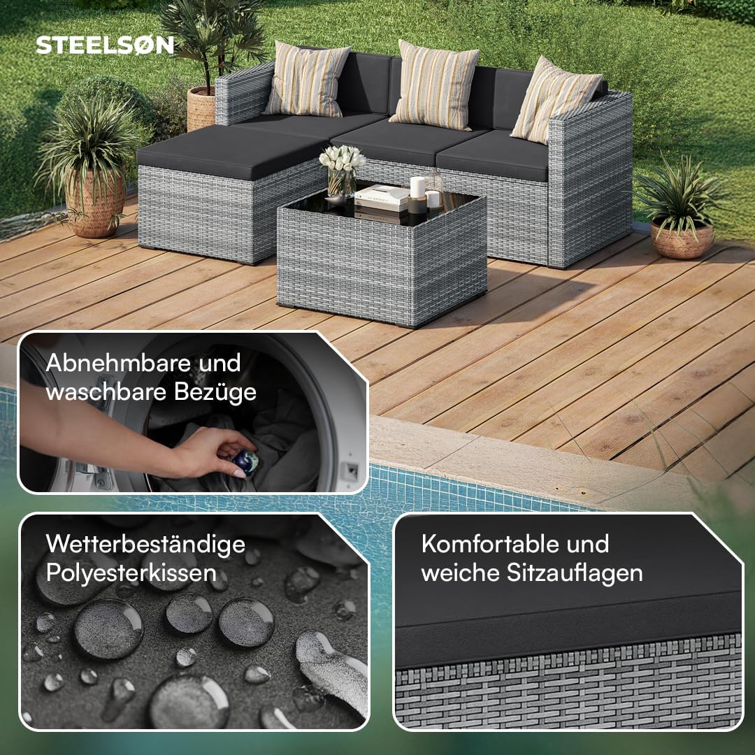 STEELSØN Zethora Rattan Gartenmöbel Set 3-TLG. – Outdoor Sitzgruppe für Garten/Terrasse/Balkon – Gartenlounge mit 3er-Sofa. Hocker & Tisch –