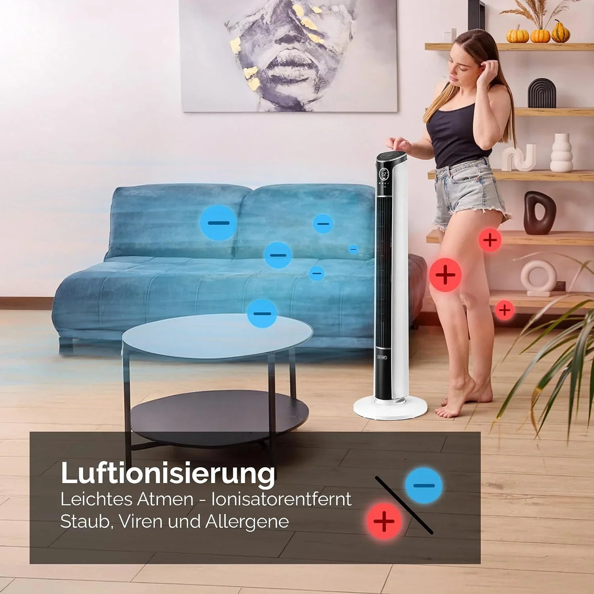 Yoer 29dB Leiser Turmventilator. Ionisator. 10 m Reichweite. Neigungswinkeleinstellung. 12 Geschwindigstufen. 4 Modi. 12 Std. Timer. 90° Oszillation.