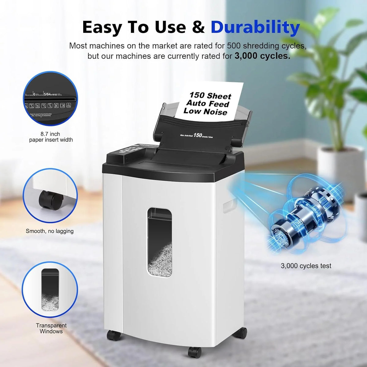 150 Sheet Auto-Feed Micro Cut Paper Shredder for Home Office Use. P-5 Super High Security (5/64 x 19/32 inches). Large 6-Gallon Bin. 20-Min Continuous Run. 55dB Ultra-Quiet. White