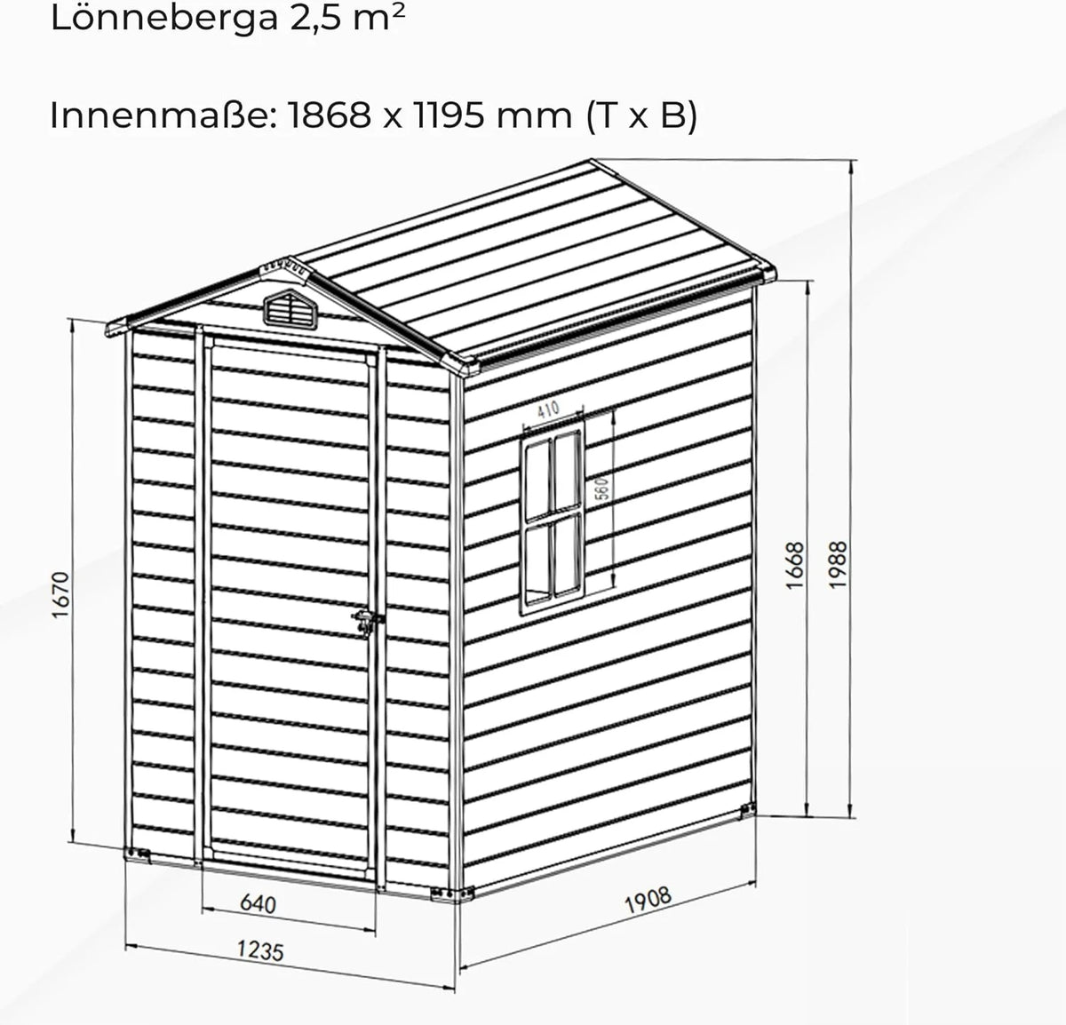 Gartenhaus Lönneberga 2.5m² Kunststoff | Polypropylen (PP) Geräteschuppen witterungsbeständig 124 x 191 x 167/199 cm (B x T x H) grau