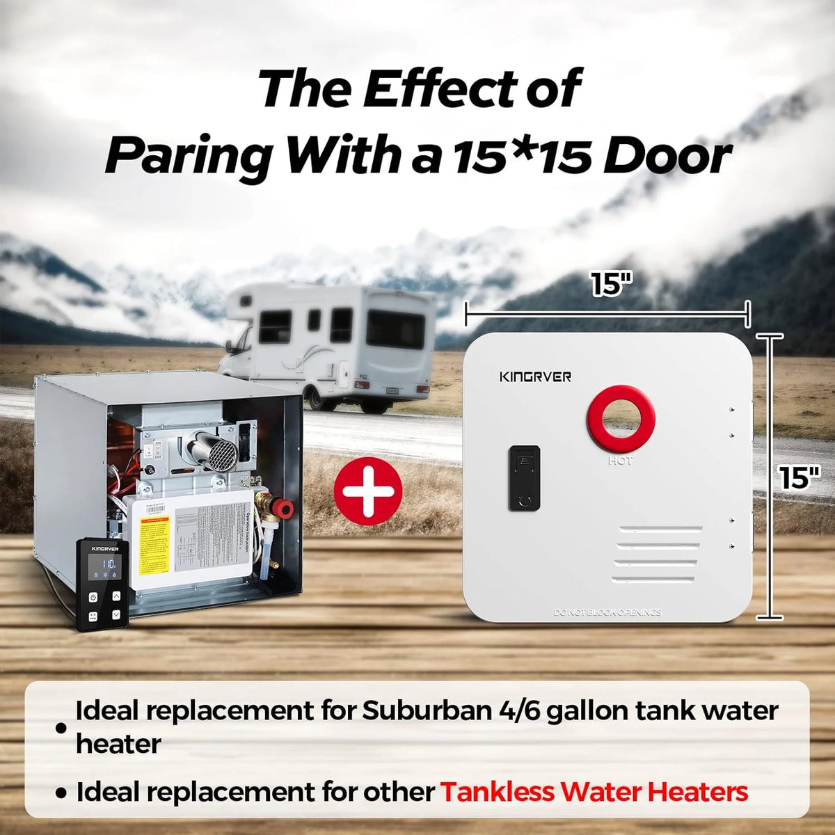 RV Tankless Water Heater without Door. . Propane Gas. DC 12V. 3 Optional Door Sizes 15x15. 15x18 and 18x18 for Refitment. Compatible with All RVs. Sufficient Power. High Altitude