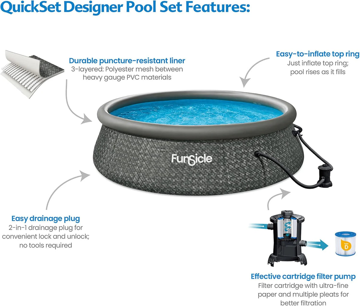 12 Foot by 36 Inch Quickset Round Inflatable Ring Top Outdoor Above Ground Swimming Pool Set with Pump and Cartridge Filter. Dark Herringbone
