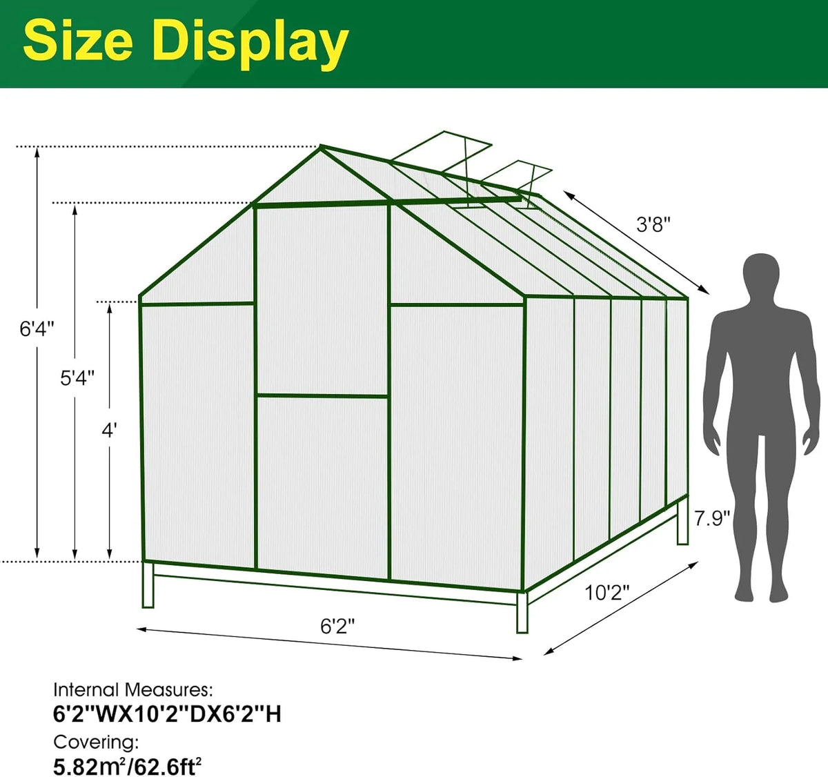 6'x10' Walk-in Greenhouse with 4mm 800G Polycarbonate Panels - Heavy-Duty Aluminum Frame. Wind/Snow Resistant for Gardening. Includes Sliding Door & Ventilation Windows (Green)