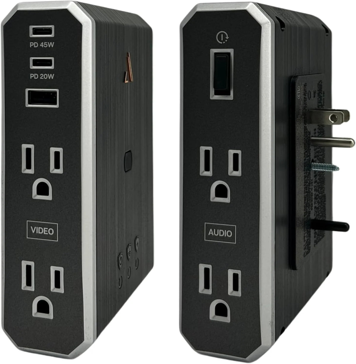Austere VII Series Wall Power. 4 Outlets Surge Protector Power Strip. 2 USB C & 1 USB A. 2.4 amps. 45W & 20W Power Delivery | 3500 Joules. EMI/RFI Filtering. 6 Year Component Guarantee