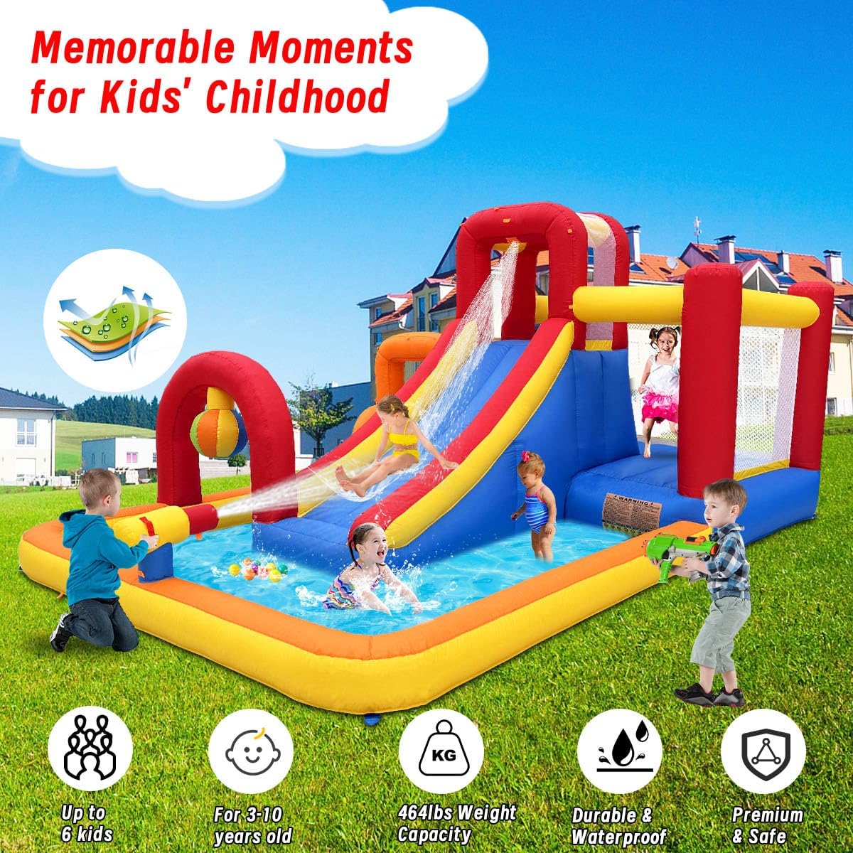 Inflatable Water Slide. 10 in 1 Water Park Bounce House with Blower. Splash Pool. 2 Slides. Water Cannon. Climbing Wall. Blow up Water Slides for Kids Outdoor Backyard