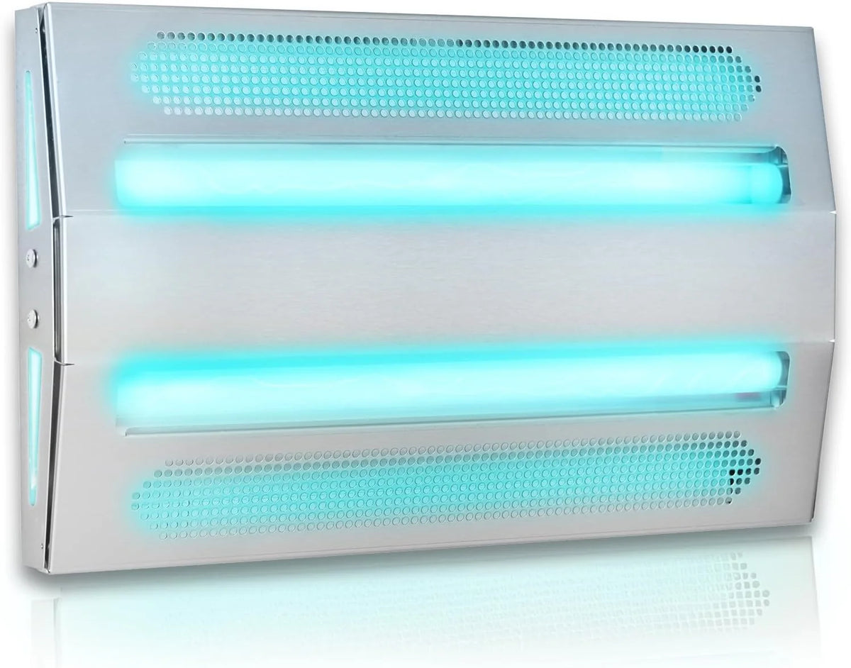 An indoor wall-mounted ultraviolet fly trap. used for catching flies. moths. mosquitoes and other flying insects.