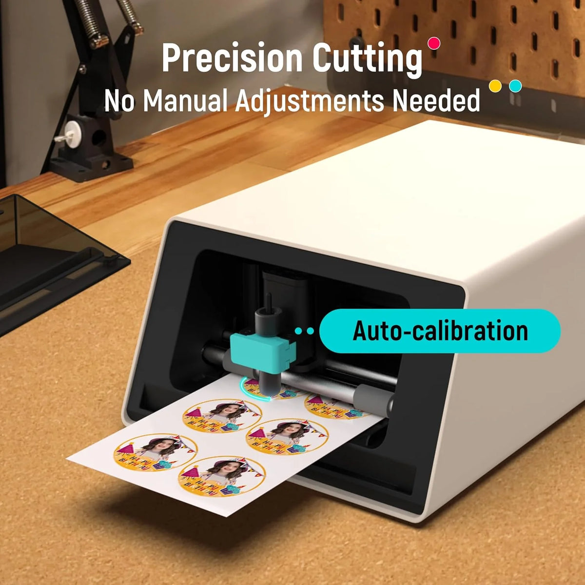 Color sticker printer and cutter - A multi-functional sticker manufacturing equipment that combines DIY creativity. custom label and gift production. Thermal transfer digital printing device. 300 DPI resolution. precise artificial intelligence automa