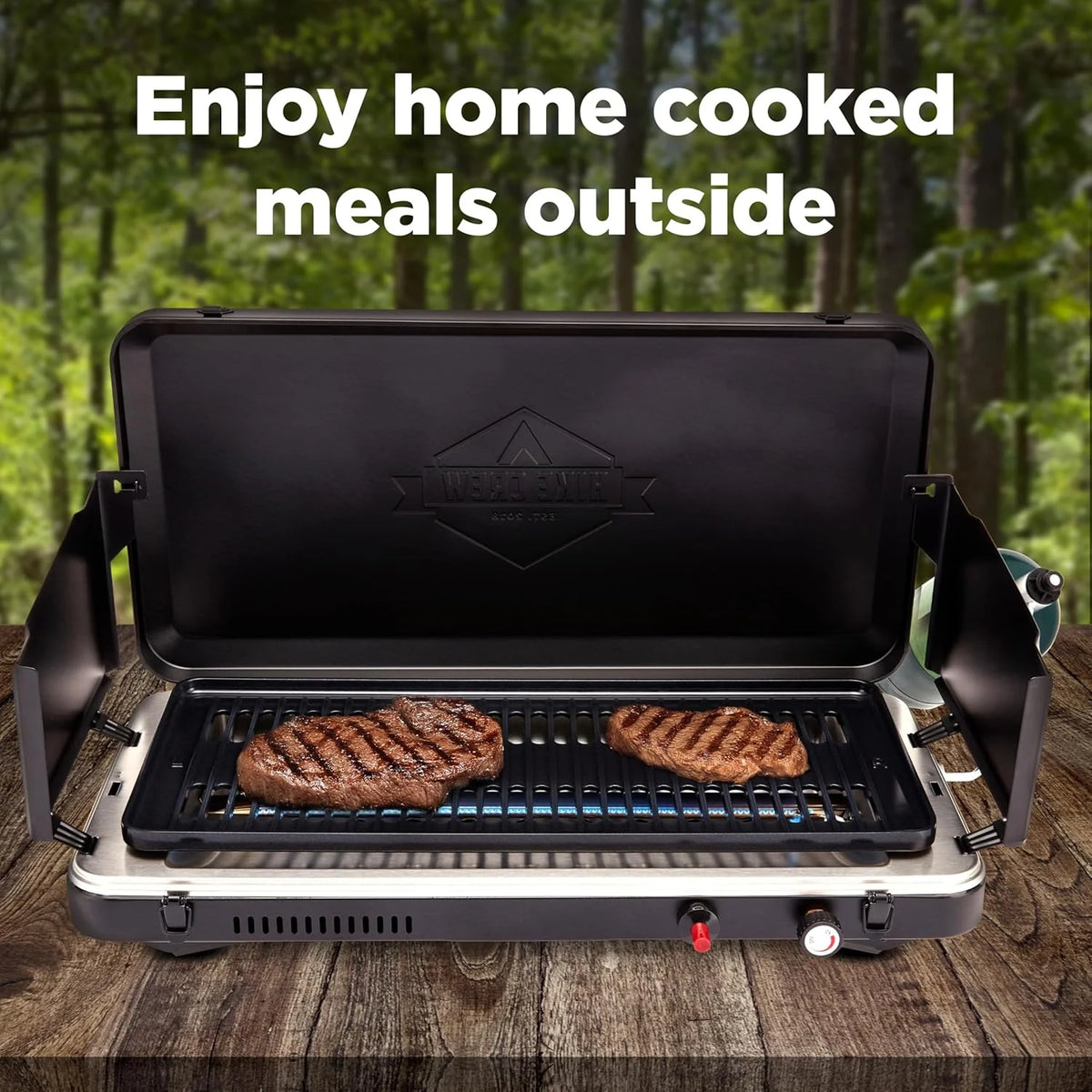 Gas camping barbecue grill | 13.000 watts | Portable liquefied gas burner | Foldable legs and feet | Integrated igniter and built-in regulator (with stainless steel drip tray) | Windproof panel and built-in handle