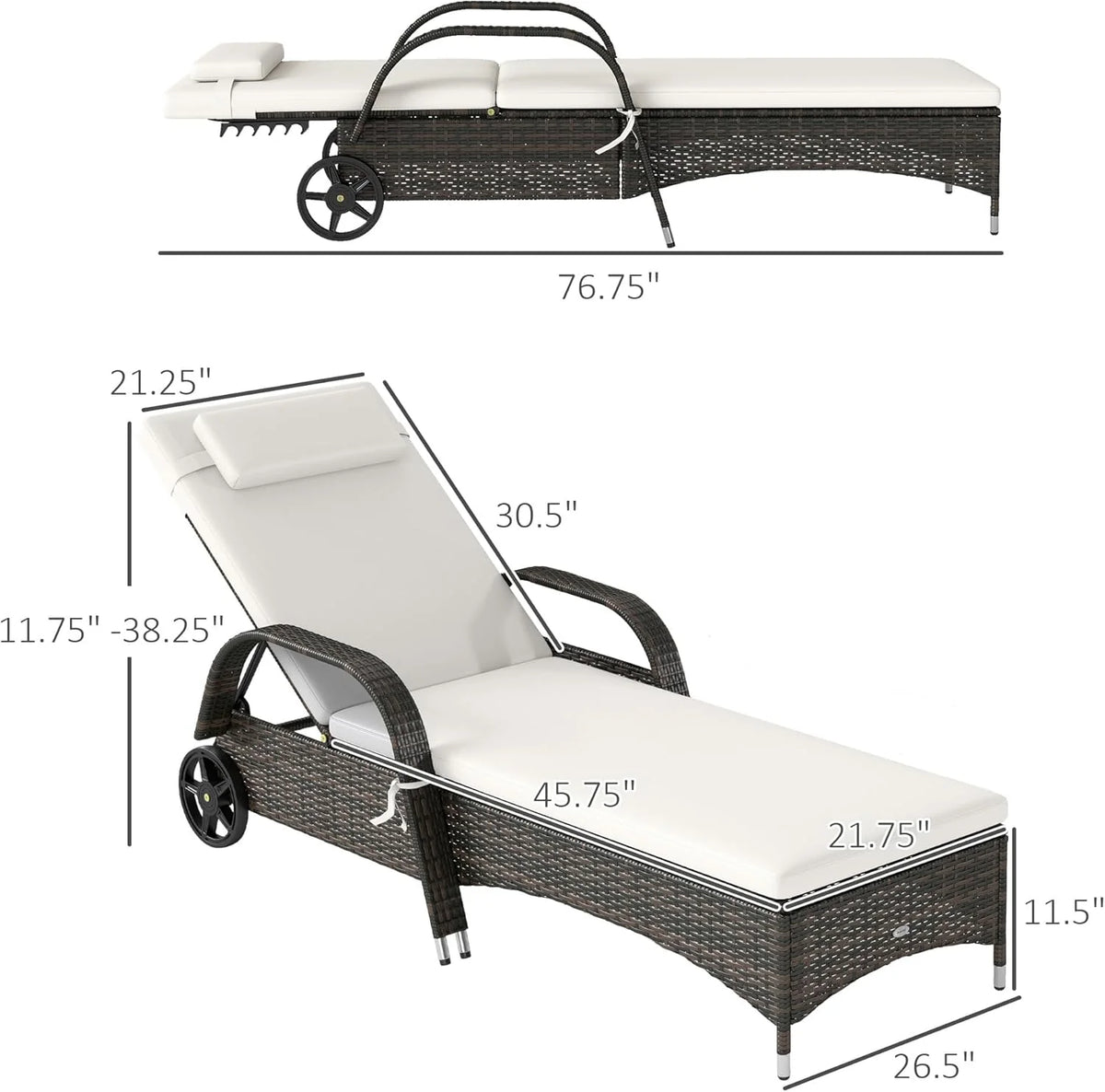 Wicker Outdoor Chaise Lounge. 5-Level Adjustable Backrest PE Rattan Pool Lounge Chair with Wheels. Cushion & Headrest. Brown and Dark Blue