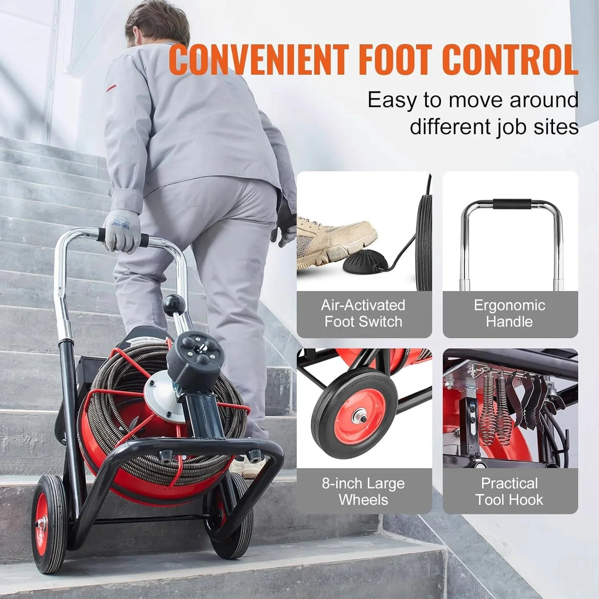 550W Drain Cleaning Machine. 100-Ft. x 1/2-Inch Sewer Snake Auger with 8 Cutters. Wheels and Foot Switch. for 2-4-Inch Pipes