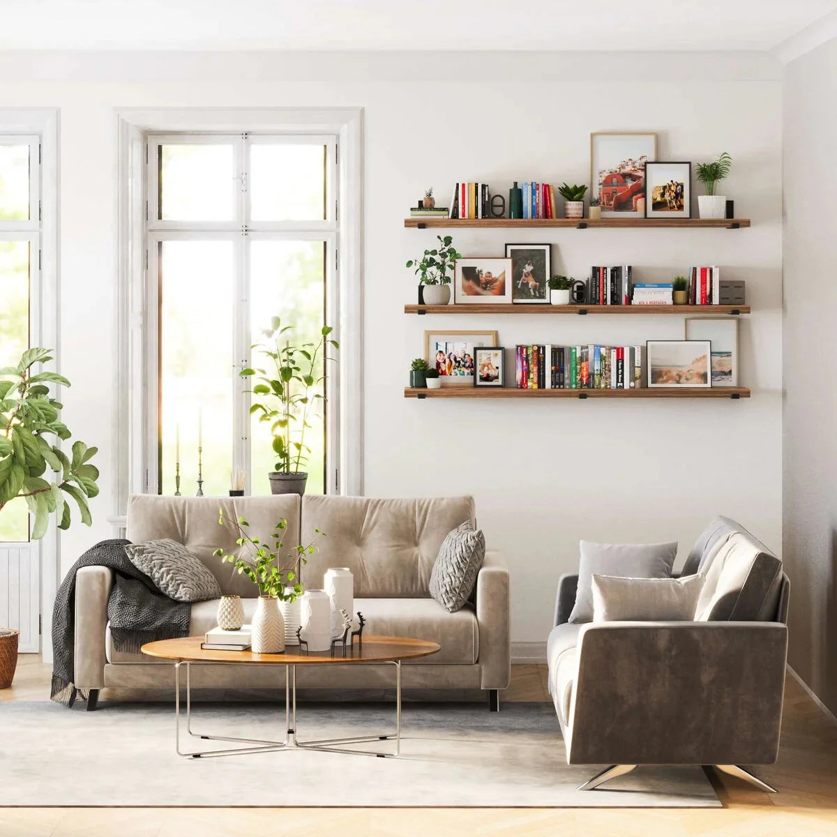 72 Inch Floating Wood Wall Shelves. Set of 3 Burnt Wood Display and Storage Shelves for Home Decor