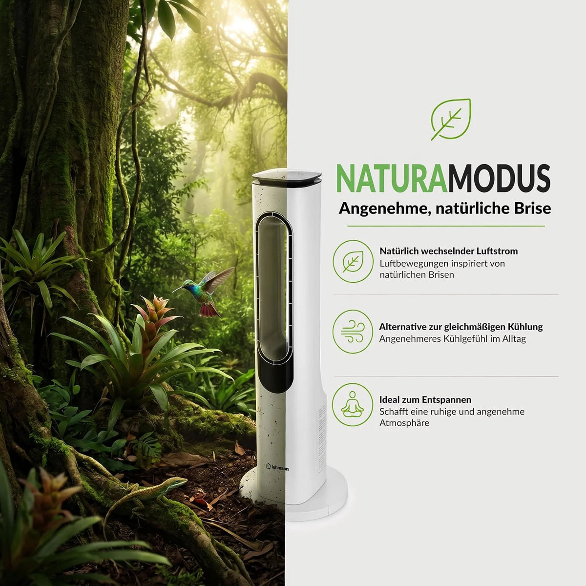 LEHMANN Turmventilator mit Fernbedienung & LED-Display. leiser Ventilator mit Schlafmodus. 15 h Timer. 3 Lichtfarben. 3 Modi. 3 Geschwindigkeiten.