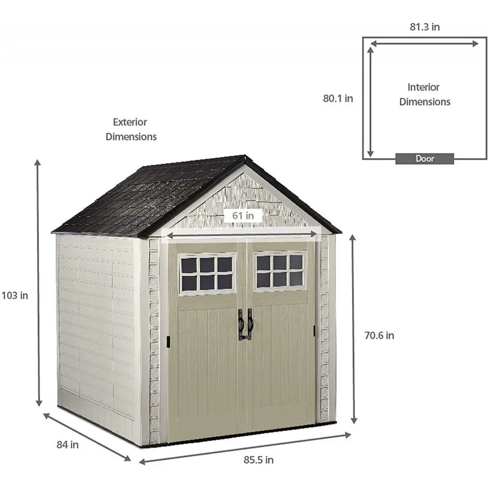 7 x 7-Ft. Resin Outdoor Garden Storage Shed with Windows and Utility Hooks. Sand