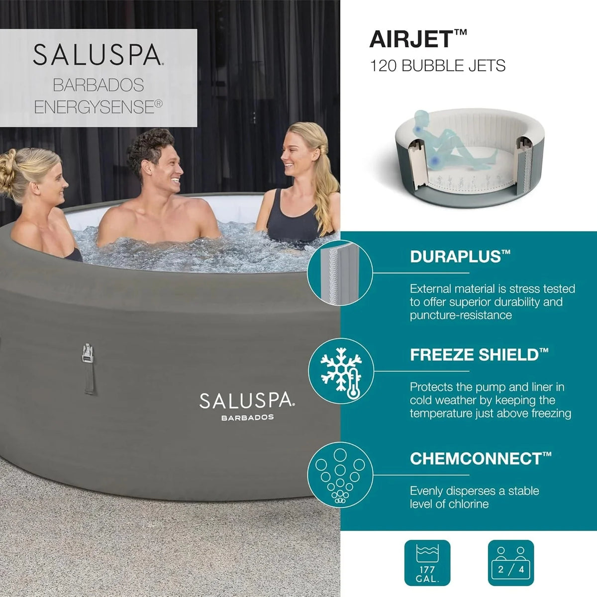 71 x 26-Inch Inflatable Hot Tub Spa for 2-4 Persons. Portable. with 2 Covers. Black