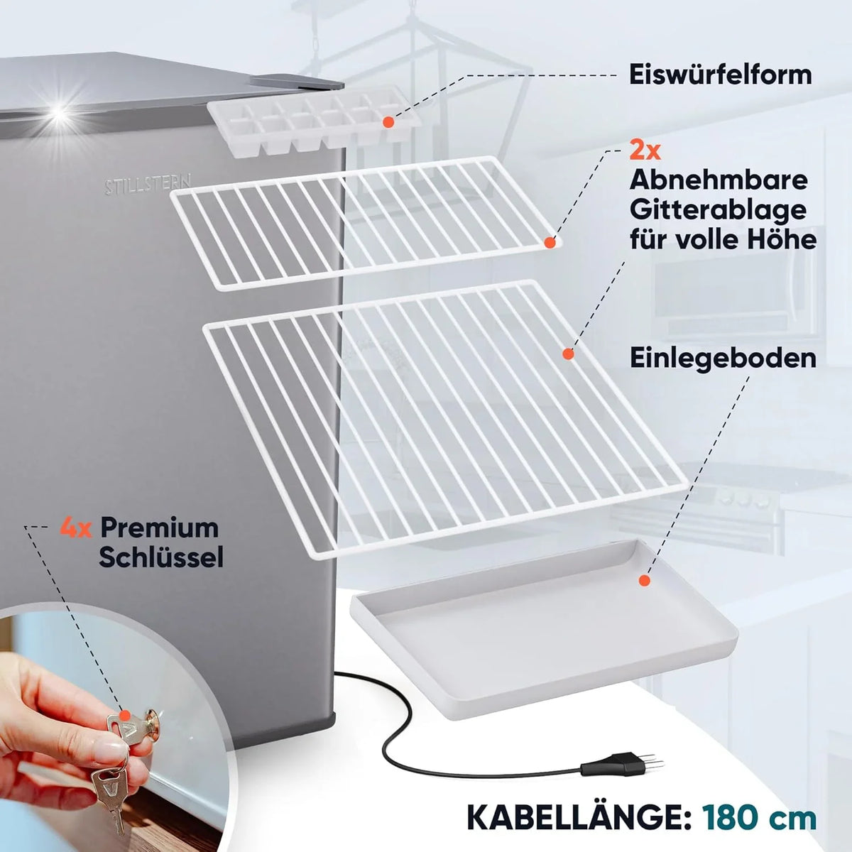 Stillstern Mini Gefrierschrank (42L) -18°C. Eiswürfelschale. Schloss. Türanschlag wechselbar. 4-Sterne Tiefkühlschrank für Camping/Büro Gefriertruhe