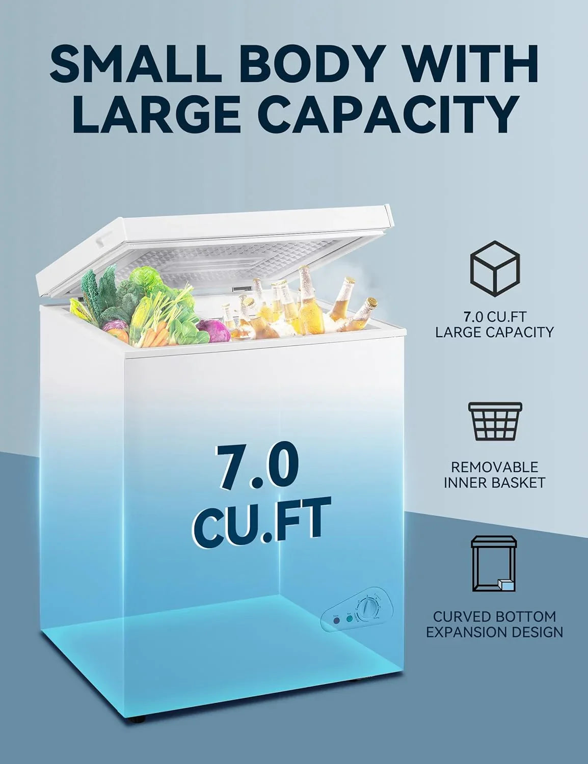 7.0 Cu Ft Chest Freezer - Energy Efficient & Quiet Mini Freezer with Adjustable Thermostat - Compact Deep Freezer for Home. Apartment. and Garage - Removable Basket & Defrost Drain