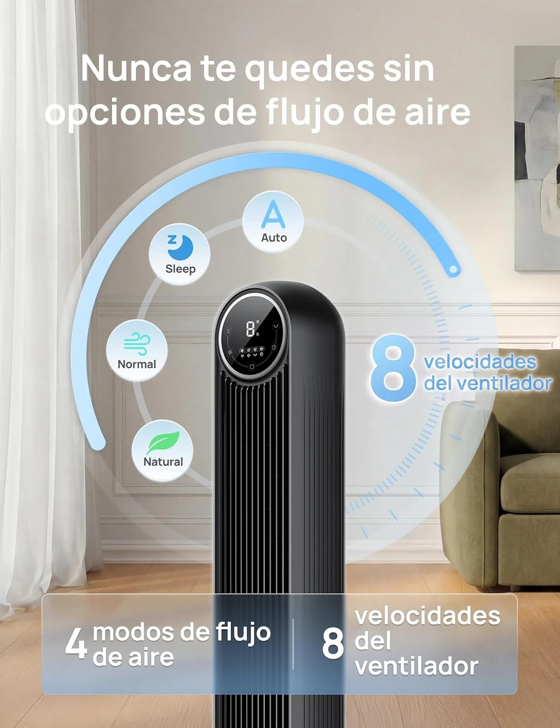 Dreo 20dB Ventilador de Pie Silencioso. Ventiladores de Torre con Velocidad de 7.6 m/s. 4 Velocidades. Rotación de 90°. Temporizador de 8 Horas.