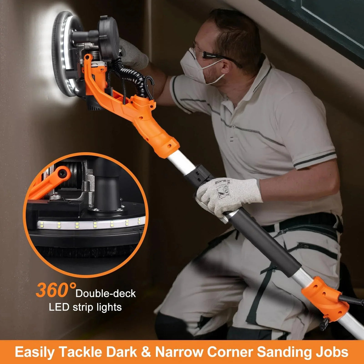 1000W Drywall Sander with Vacuum and LED Light. Electric Wall and Ceiling Sander with Dust Collection