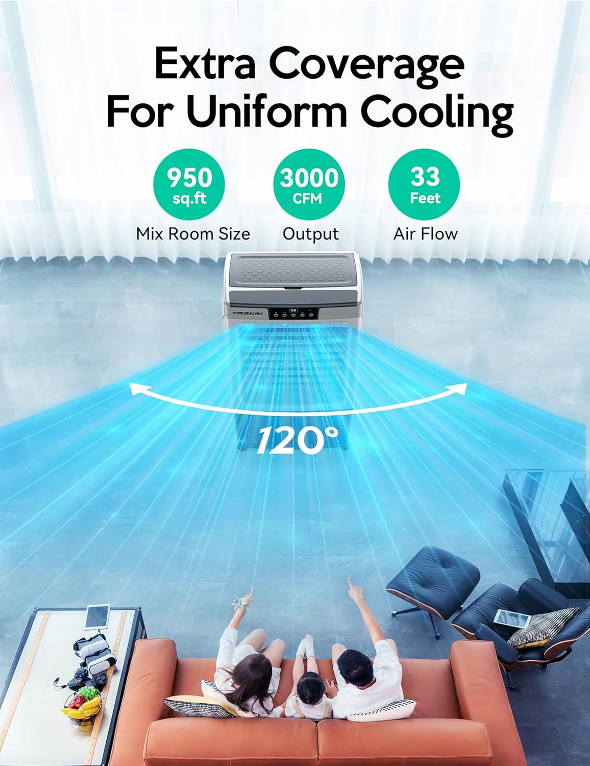 Evaporative Cooler. 2100CFM Air Cooler. 120°Oscillation Swamp Cooler with Remote Control. 24H Timer. 3 Wind Speeds for Outdoor Indoor Use.8 Gallon