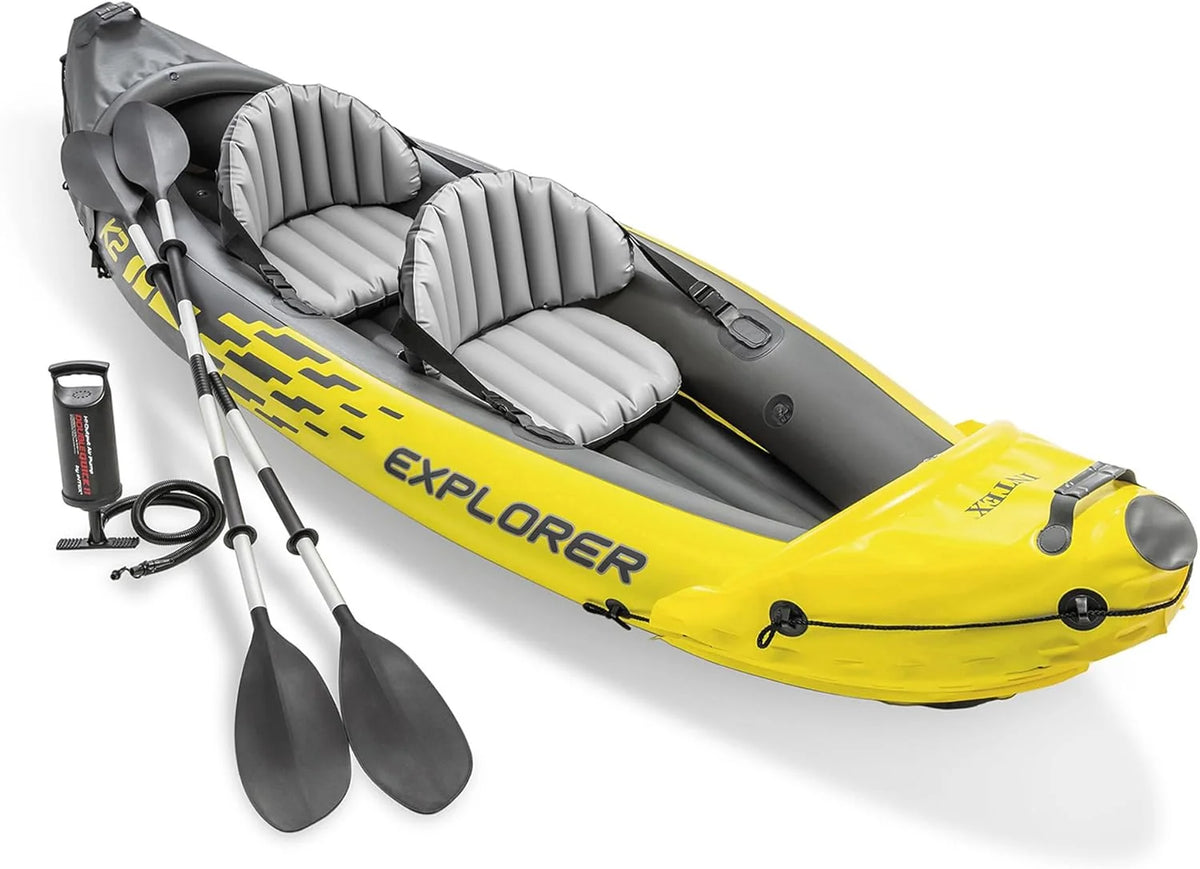 Intex Explorer K2 Kayak. 2-Person Inflatable Kayak Set with Aluminum Oars and High Output Air Pump