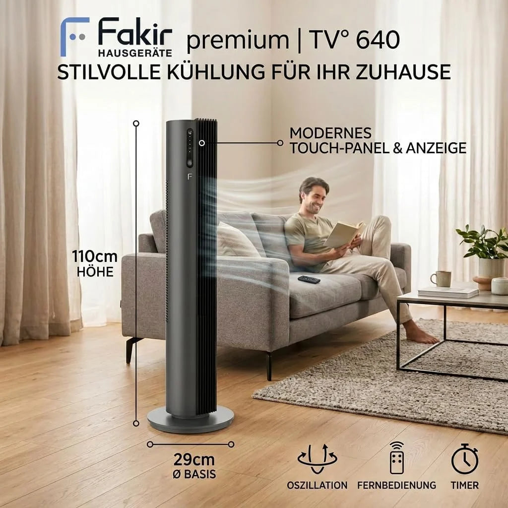 Fakir premium TV° 640 Turmventilator - Leiser Lüfter mit 32dB(A). DC-Motor. 12 Stufen. 12h Timer. LED-Display. Fernbedienung & 90° Oszillation.