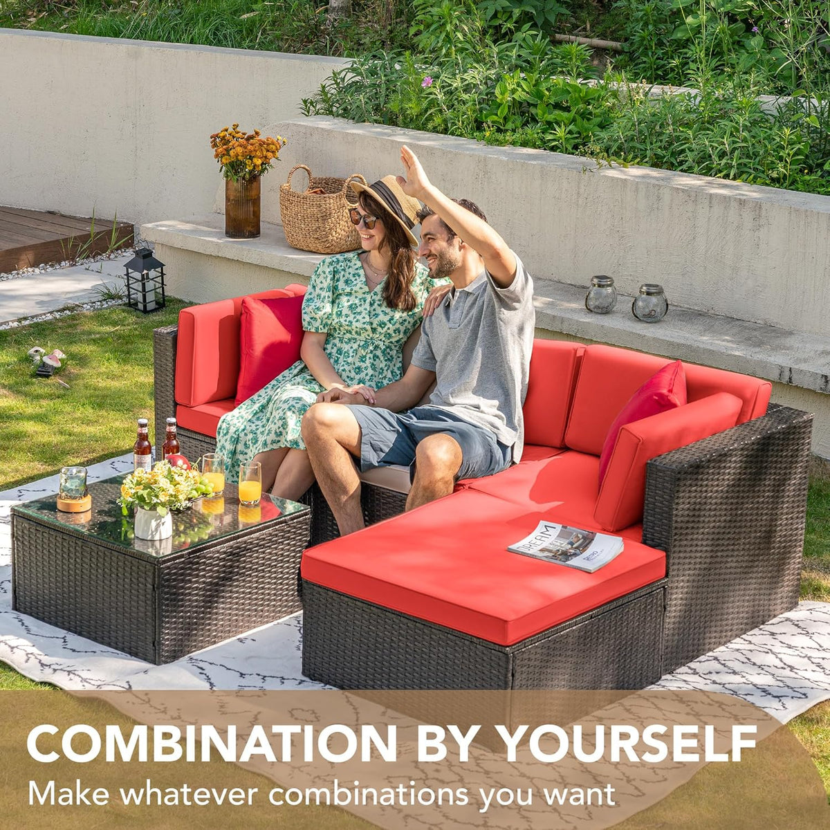 5-Piece All-Weather Patio Furniture Set with Cushions. Outdoor Wicker Conversation Sofa Set for Garden. Deck & Backyard