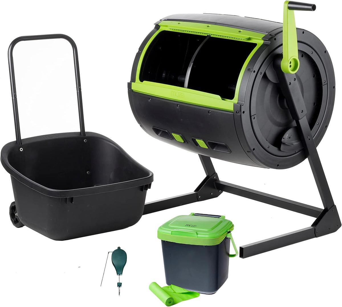 Two 65-gallon two-stage composting drums. equipped with large double doors and an open frame. are also provided along with a maze-style compost cart. a 1.85-gallon kitchen trolley-style compost bin. three rolls of corn bags. and a retractable plant t