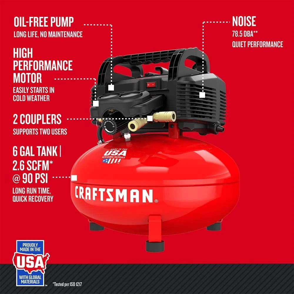 6 Gallon Pancake Air Compressor. Oil-Free Portable Compressor Kit for Garage. Workshop and DIY Projects