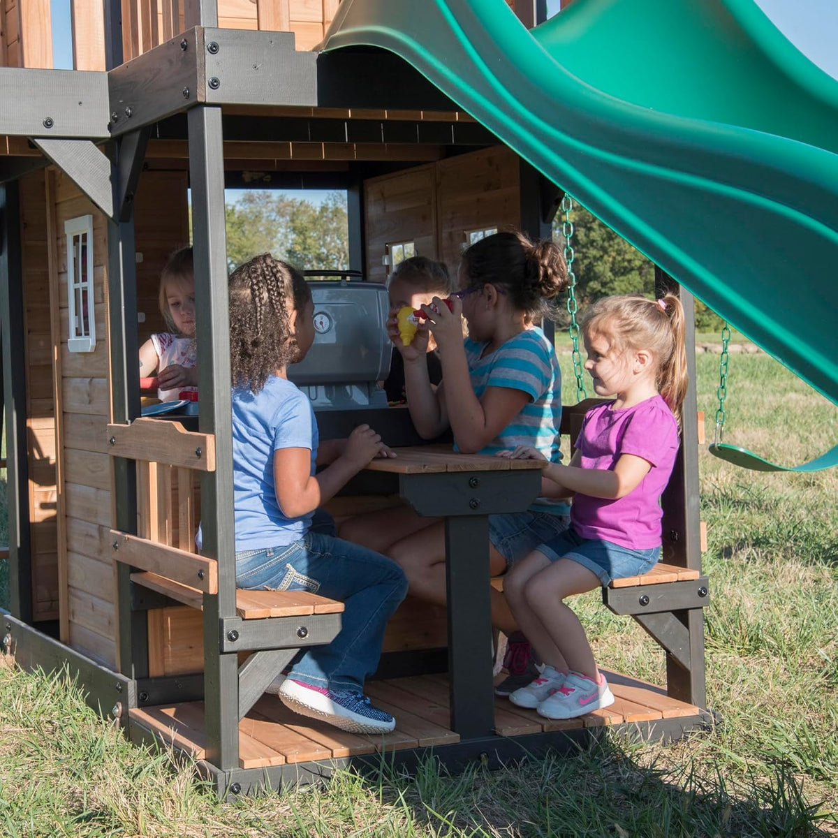 Backyard Discovery Canyon Creek Cedar Wood Swing Set with Wave Slide. Clubhouse. Play Kitchen. Picnic Area. Belt Swings. Web Swing. Rock Wall. Balconies. Playhouse. Step Ladder. Outdoor Playset