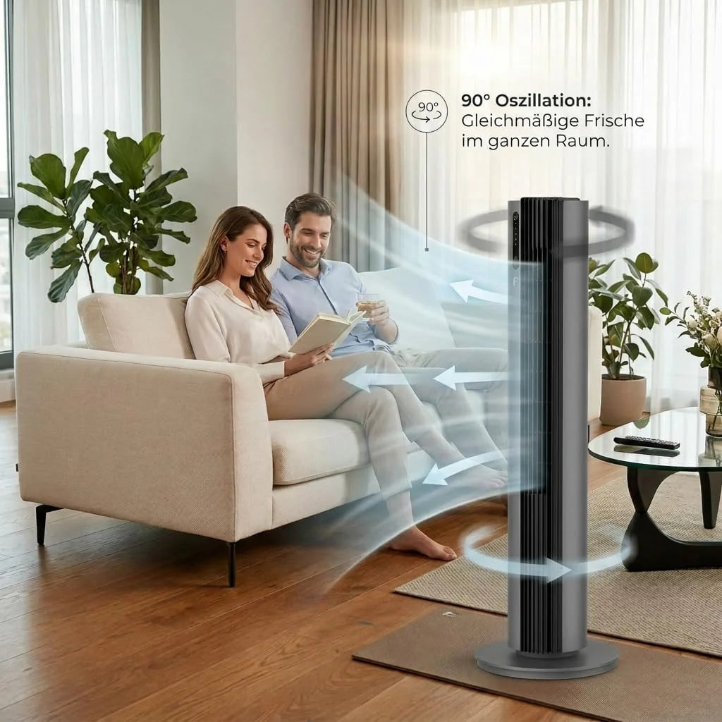 Fakir premium TV° 640 Turmventilator - Leiser Lüfter mit 32dB(A). DC-Motor. 12 Stufen. 12h Timer. LED-Display. Fernbedienung & 90° Oszillation.
