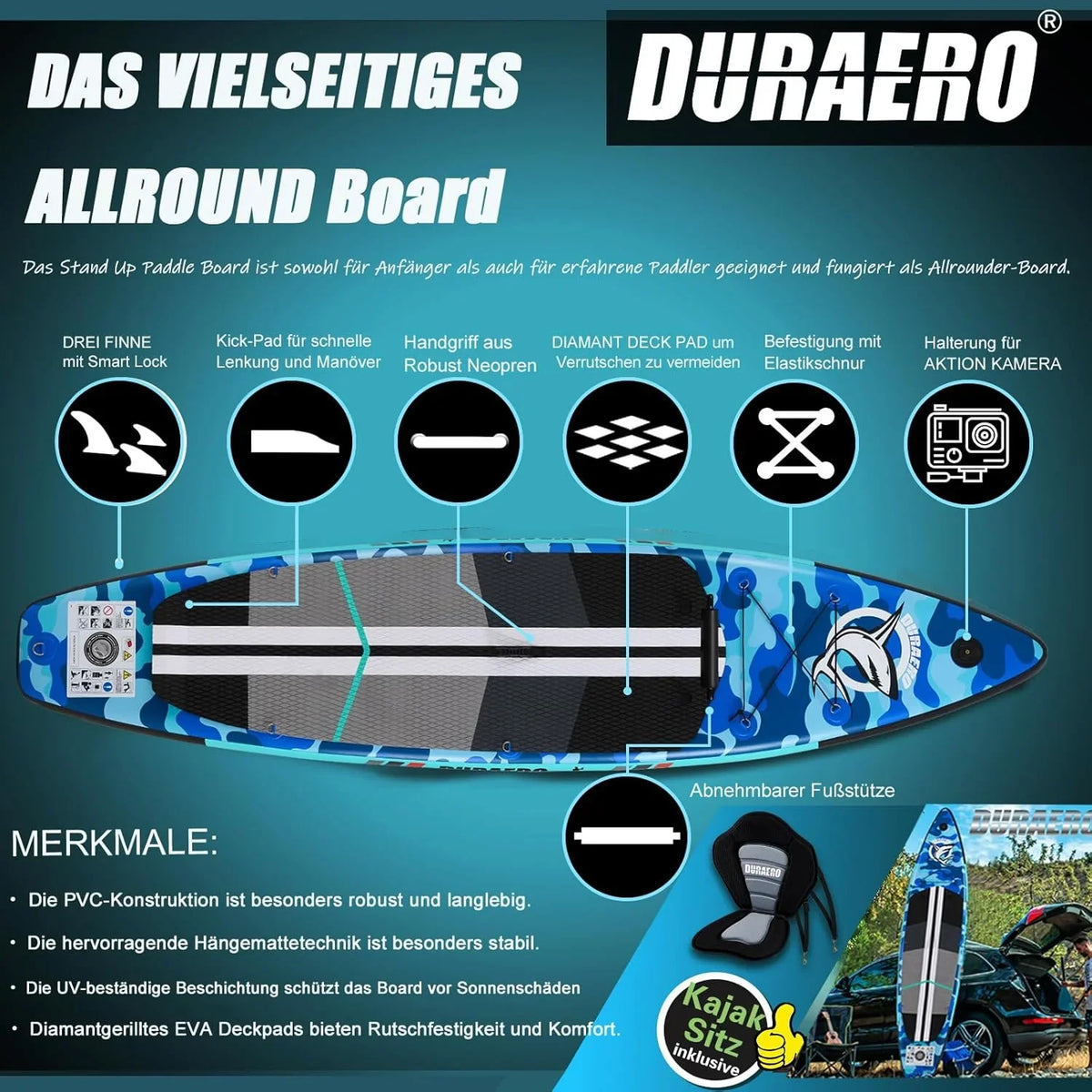 Inflatable Paddle Board with Kayak Seat. 330 x 76 x 15 cm. up to 150 kg. Integrated Pad. Detachable Fin. Double Adjustable Paddle. Repair Kit. Blue