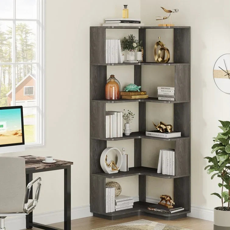 64.9 Inch Tall 6-Tier Corner Bookshelf. Freestanding Wood Industrial Bookcase