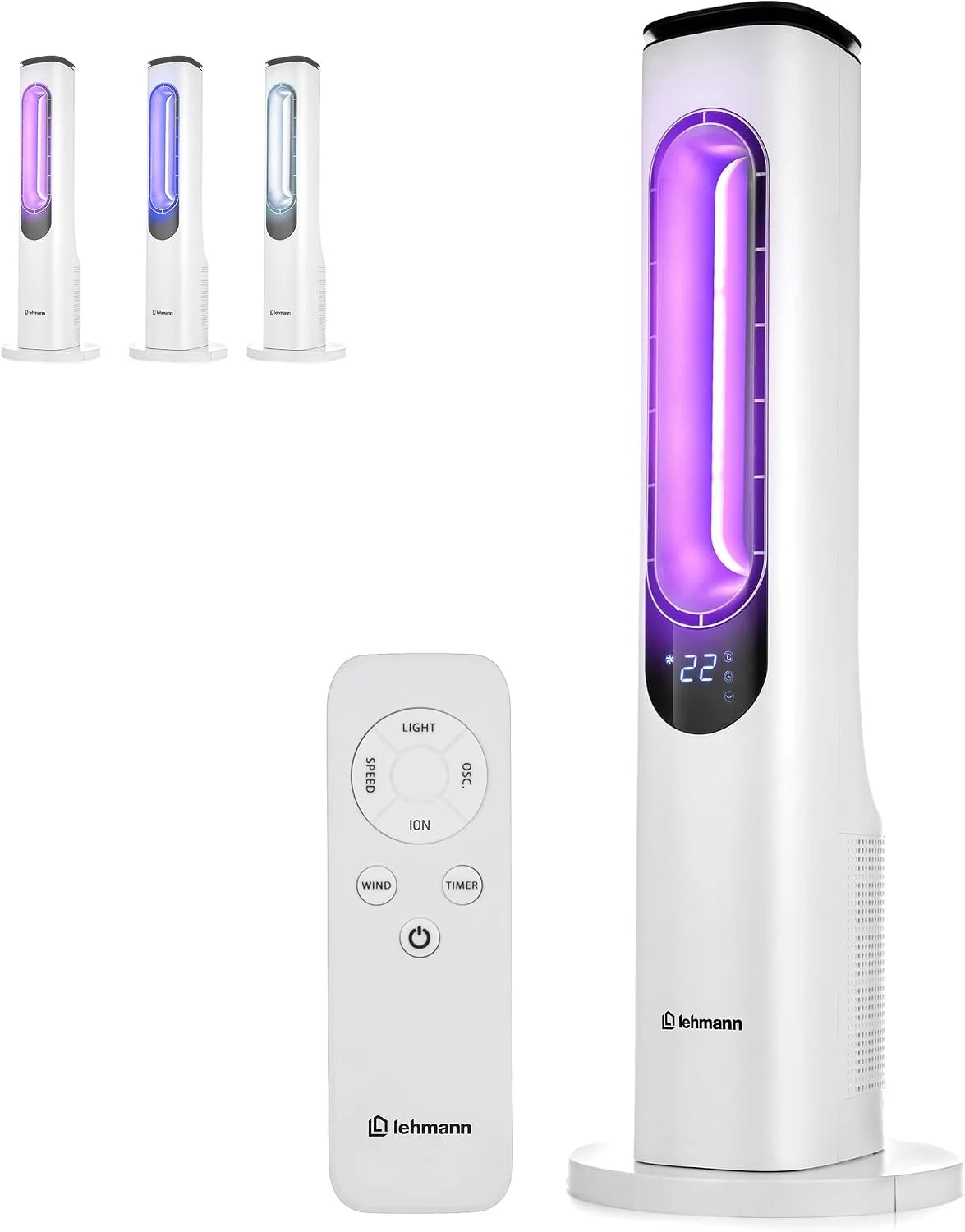 LEHMANN Turmventilator mit Fernbedienung & LED-Display. leiser Ventilator mit Schlafmodus. 15 h Timer. 3 Lichtfarben. 3 Modi. 3 Geschwindigkeiten.